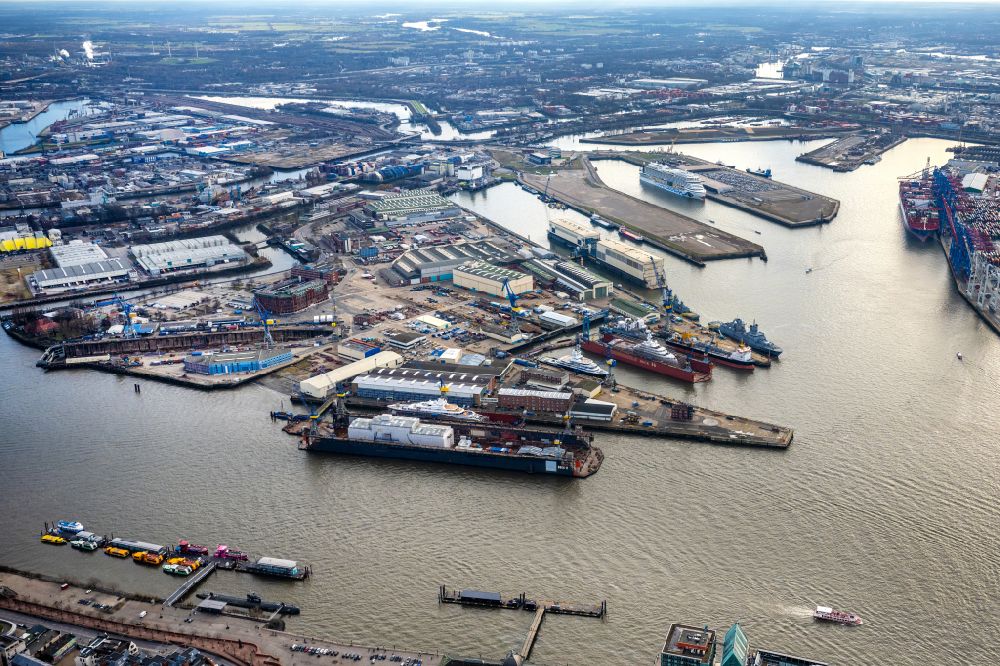Hamburg from above - Shipyard - site of the Blohm+Voss GmbH in Hamburg in Hamburg, Germany
