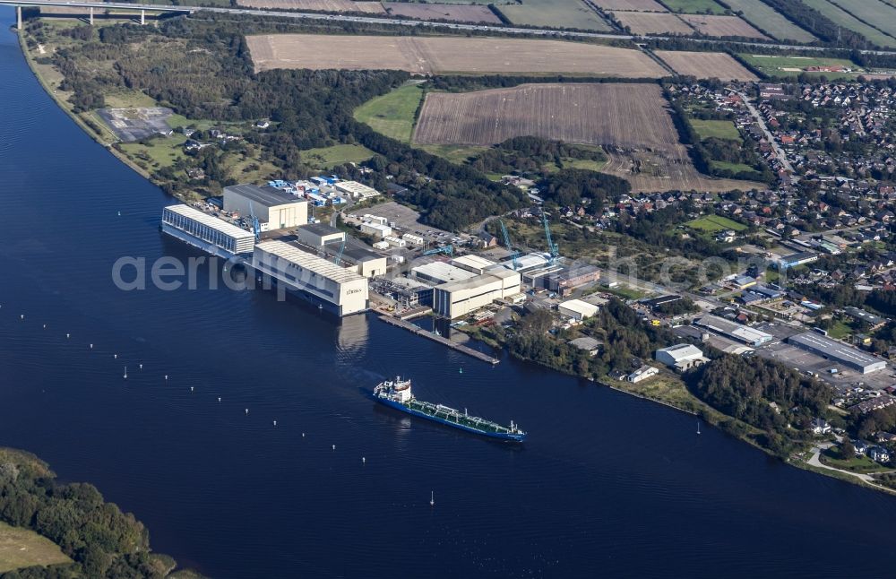 Schacht-Audorf from the bird's eye view: Shipyard area of the Luerssen-Kroeger shipyard in Schacht-Audorf on the Kiel Canal in the federal state Schleswig-Holstein