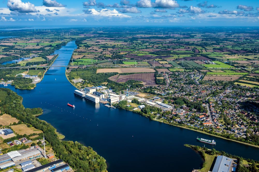 Schacht-Audorf from the bird's eye view: Shipyard area of the Luerssen-Kroeger shipyard in Schacht-Audorf on the Kiel Canal in the federal state Schleswig-Holstein