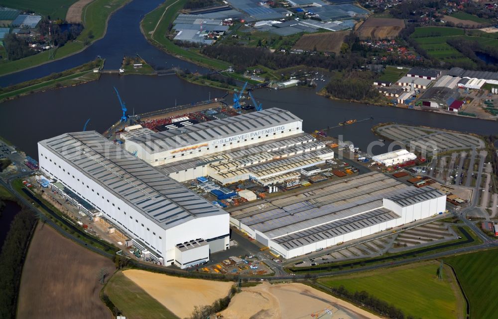 Papenburg from the bird's eye view: Shipyard - site of the Meyer Werft in Papenburg in the state Lower Saxony, Germany