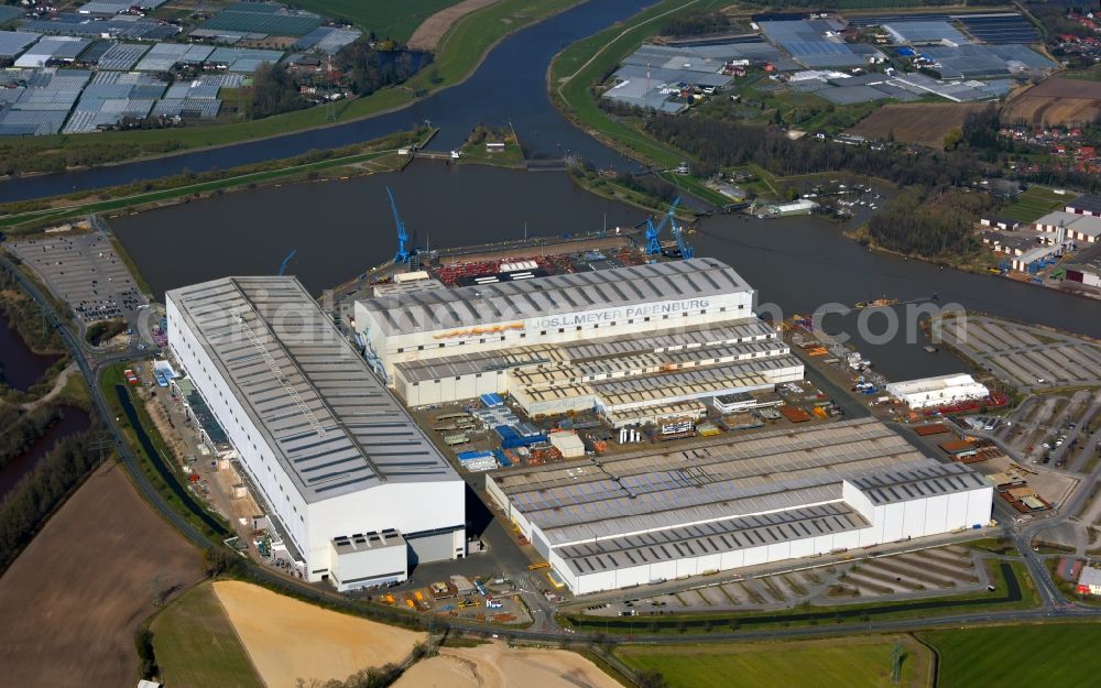 Aerial image Papenburg - Shipyard - site of the Meyer Werft in Papenburg in the state Lower Saxony, Germany