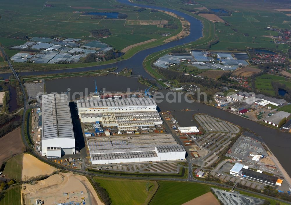Papenburg from above - Shipyard - site of the Meyer Werft in Papenburg in the state Lower Saxony, Germany