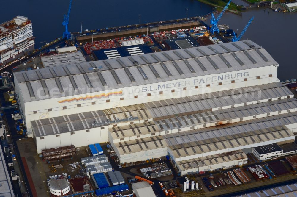 Aerial photograph Papenburg - Shipyard - site of the Meyer Werft in Papenburg in the state Lower Saxony, Germany