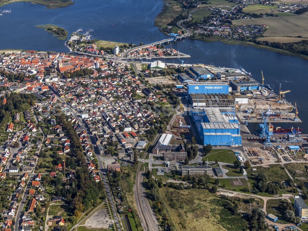 Wolgast from above - Shipyard - site of the Peenewerft in Wolgast in the state Mecklenburg - Western Pomerania, Germany