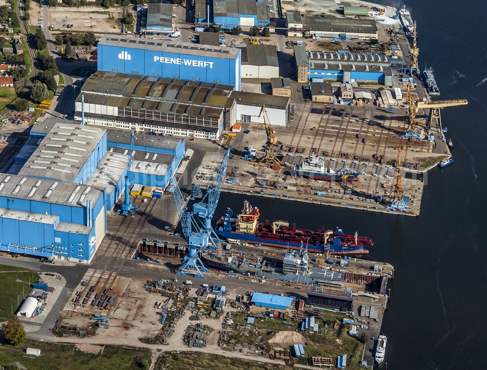 Wolgast from above - Shipyard - site of the Peenewerft in Wolgast in the state Mecklenburg - Western Pomerania, Germany