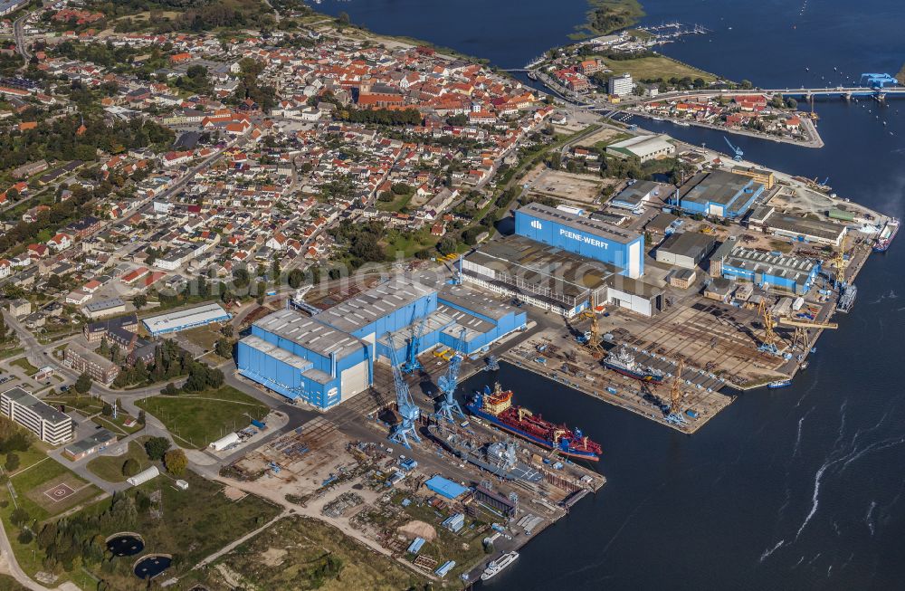 Wolgast from the bird's eye view: Shipyard - site of the Peenewerft in Wolgast in the state Mecklenburg - Western Pomerania, Germany