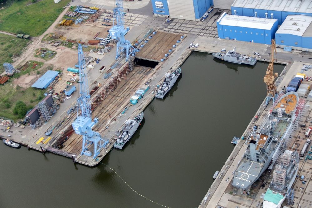Wolgast from the bird's eye view: Shipyard - site of the Peenewerft in Wolgast in the state Mecklenburg - Western Pomerania, Germany