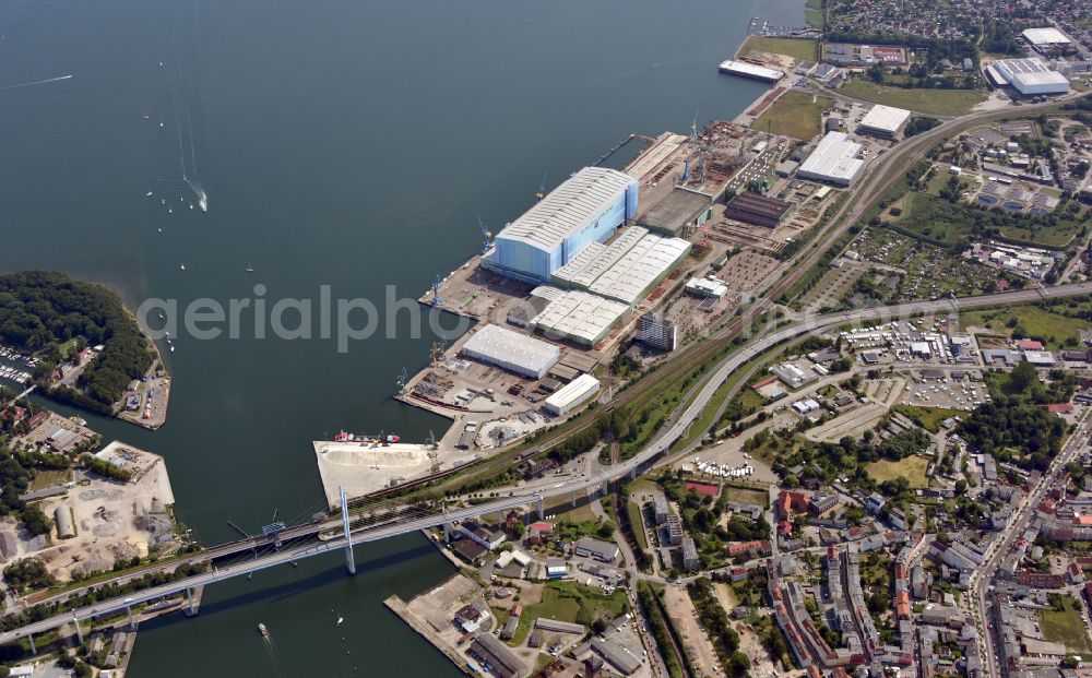 Aerial image Hansestadt Stralsund - Shipyard area of the dockyard in the Strelasund shore in the district different court in Stralsund in the federal state Mecklenburg-West Pomerania
