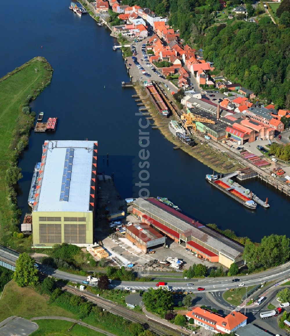 Lauenburg Elbe from above - Shipyard on the banks in Lauenburg Elbe in the state Schleswig-Holstein