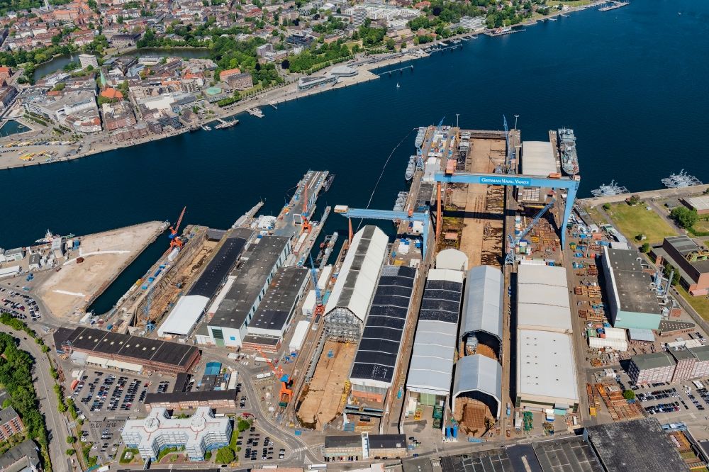 Aerial image Kiel - Shipyard - site of the ThyssenKrupp Marine Systems GmbH in Kiel in the state Schleswig-Holstein