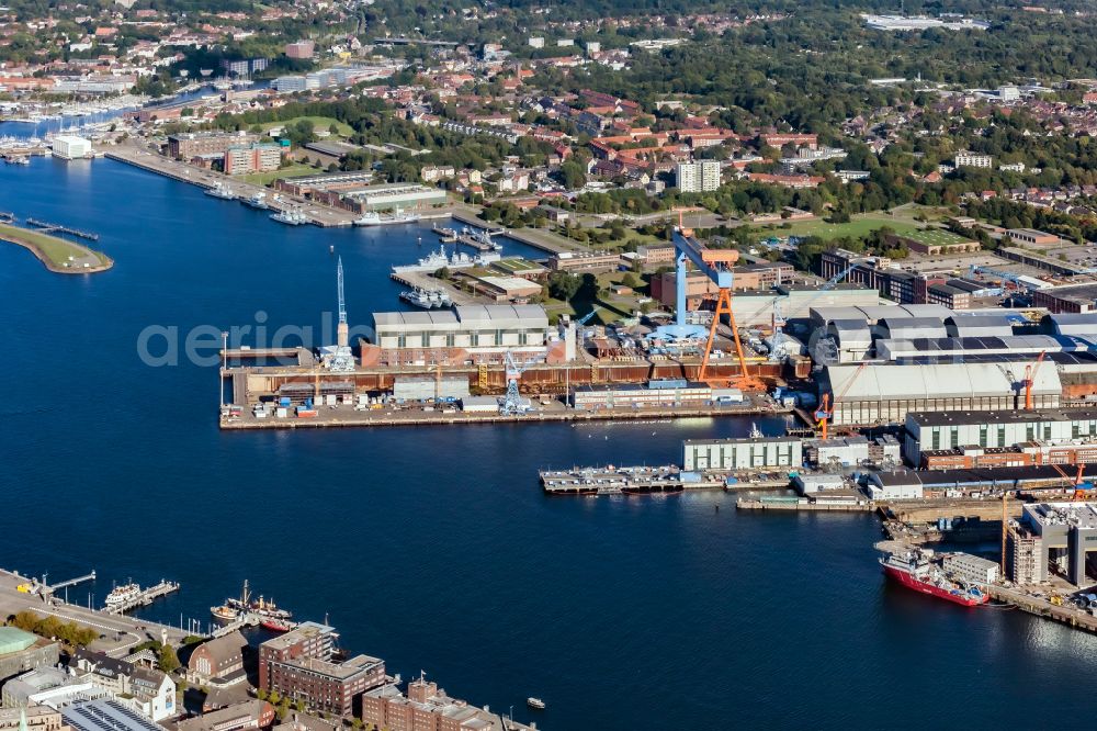 Aerial image Kiel - Shipyard - site of the thyssenkrupp Marine Systems GmbH in Kiel in the state Schleswig-Holstein, Germany