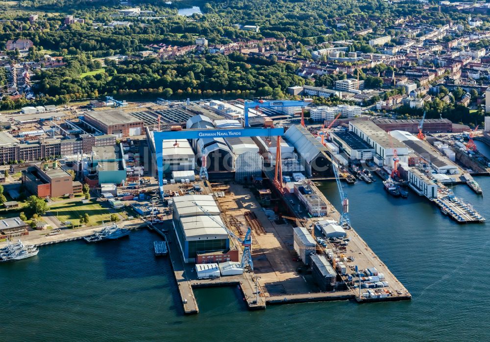 Kiel from above - Shipyard - site of the thyssenkrupp Marine Systems GmbH in Kiel in the state Schleswig-Holstein, Germany