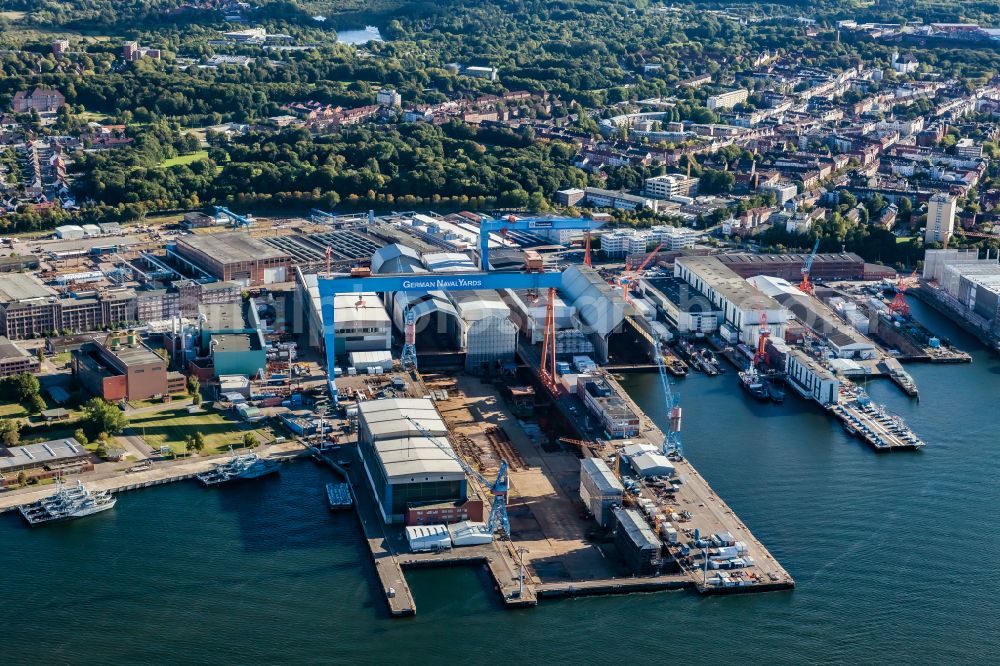Kiel from the bird's eye view: Shipyard - site of the thyssenkrupp Marine Systems GmbH in Kiel in the state Schleswig-Holstein, Germany