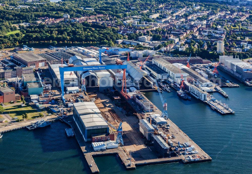 Aerial image Kiel - Shipyard - site of the thyssenkrupp Marine Systems GmbH in Kiel in the state Schleswig-Holstein, Germany
