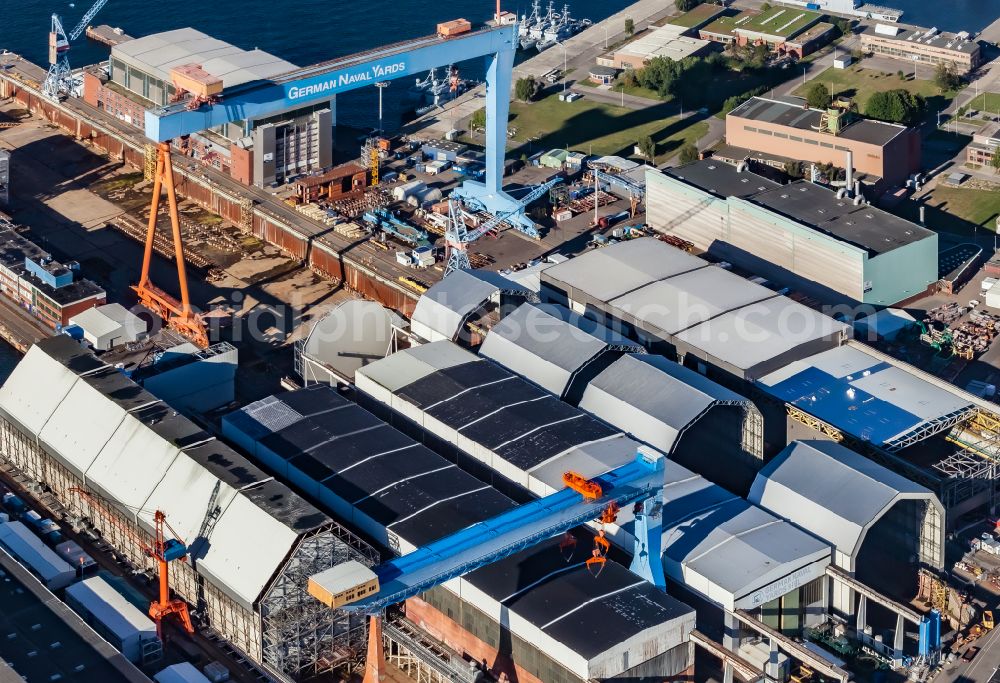 Kiel from the bird's eye view: Shipyard - site of the thyssenkrupp Marine Systems GmbH in Kiel in the state Schleswig-Holstein, Germany