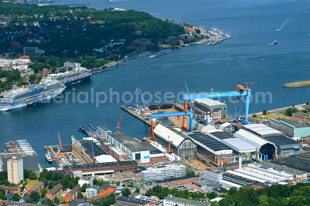 Aerial image Kiel - Shipyard - site of the thyssenkrupp Marine Systems GmbH in the harbour in Kiel in the state Schleswig-Holstein, Germany