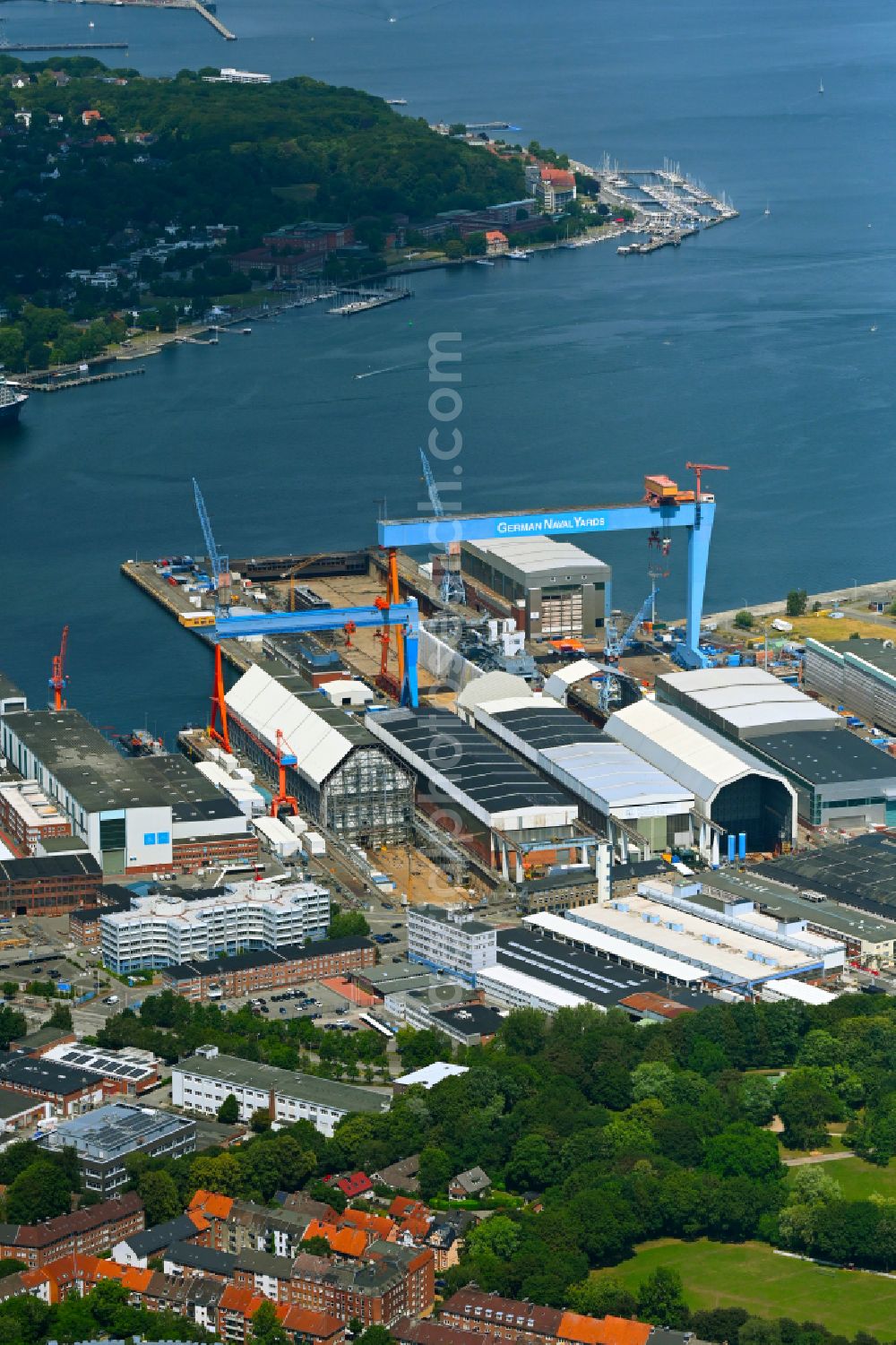 Kiel from above - Shipyard - site of the thyssenkrupp Marine Systems GmbH in the harbour in Kiel in the state Schleswig-Holstein, Germany