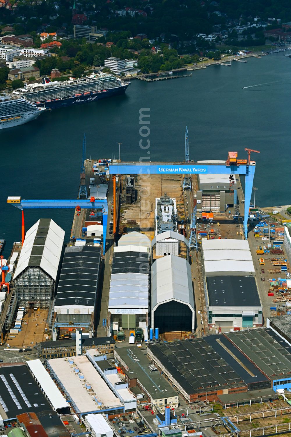 Aerial image Kiel - Shipyard - site of the thyssenkrupp Marine Systems GmbH in the harbour in Kiel in the state Schleswig-Holstein, Germany