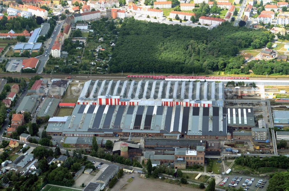 Aerial image Delitzsch - Factory work floors of the EuroMaint Rail GmbH, maintenance center for railway traction vehicles in Delitzsch in Saxony
