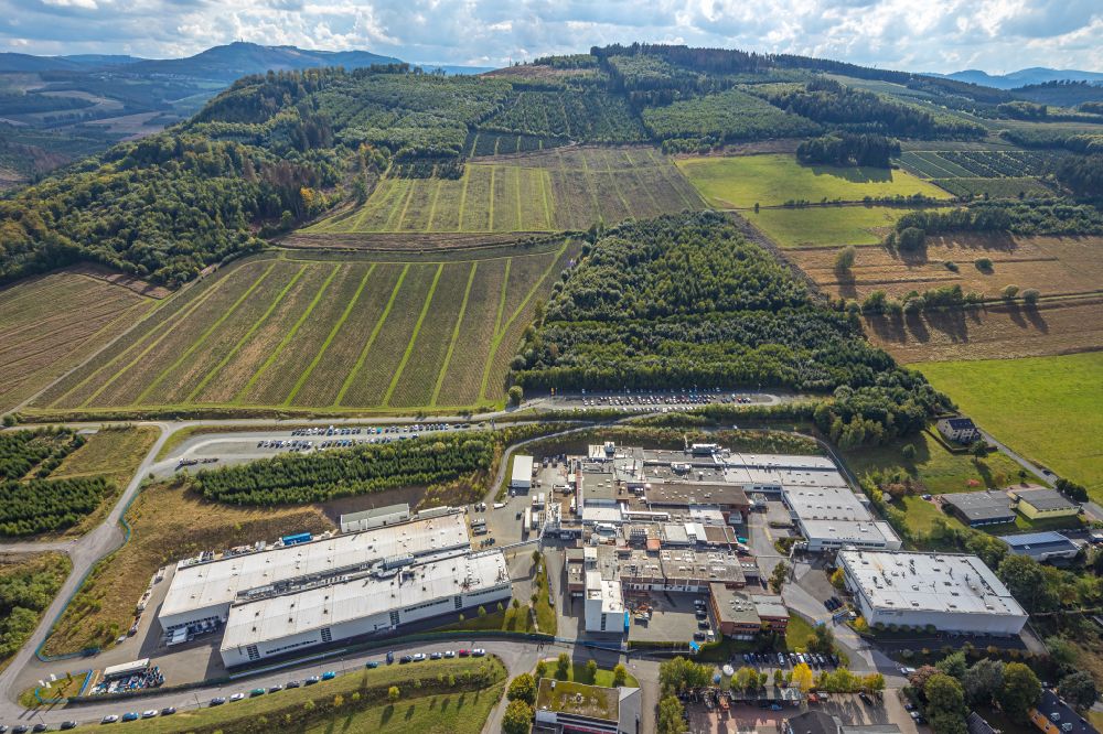 Bestwig from above - Building and production halls on the premises of Arconic in Bestwig in the state North Rhine-Westphalia, Germany