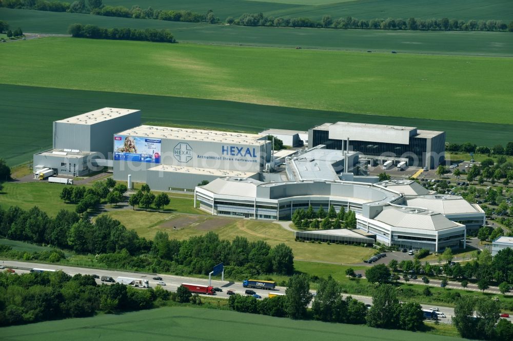 Aerial photograph Barleben - Building and production halls on the work area of the medicament groups Salutas und Hexal AG in Barleben in the state Saxony-Anhalt, Germany