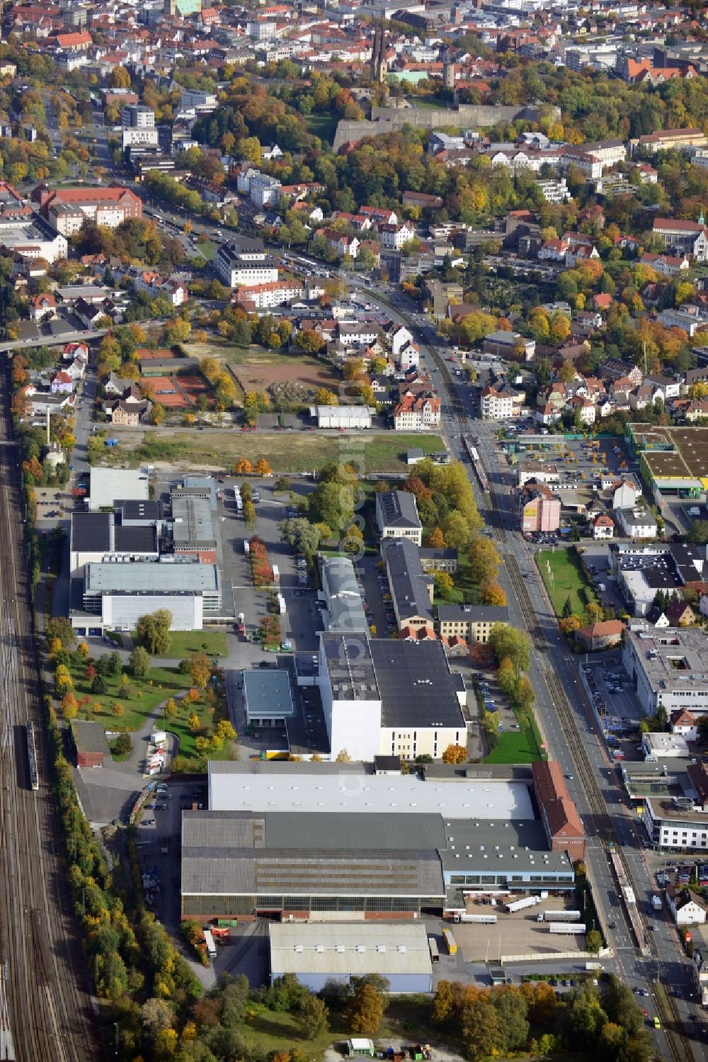 Aerial photograph Bielefeld - View onto the business premises of the Dr. August Oetker KG in Bielefeld in the state North Rhine-Westphalia. The Dr. August Oetker KG is a German company that produces groceries. It is on of the largest international acting german family businesses