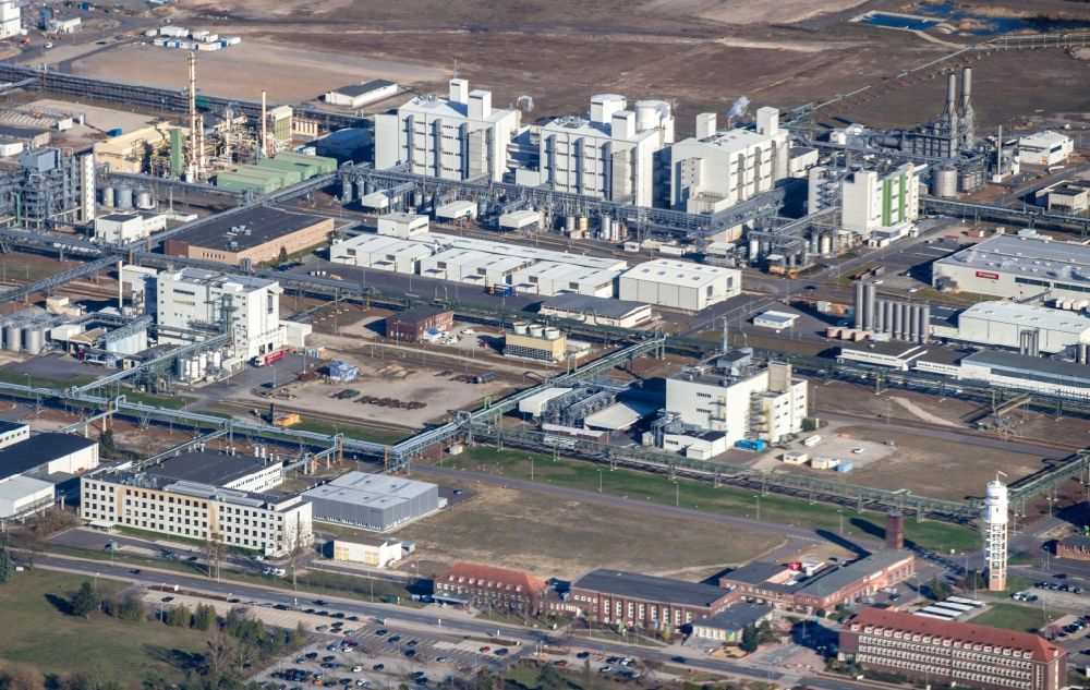 Schwarzheide from above - View of factory premises of BASF Schwarzheide GmbH in Brandenburg