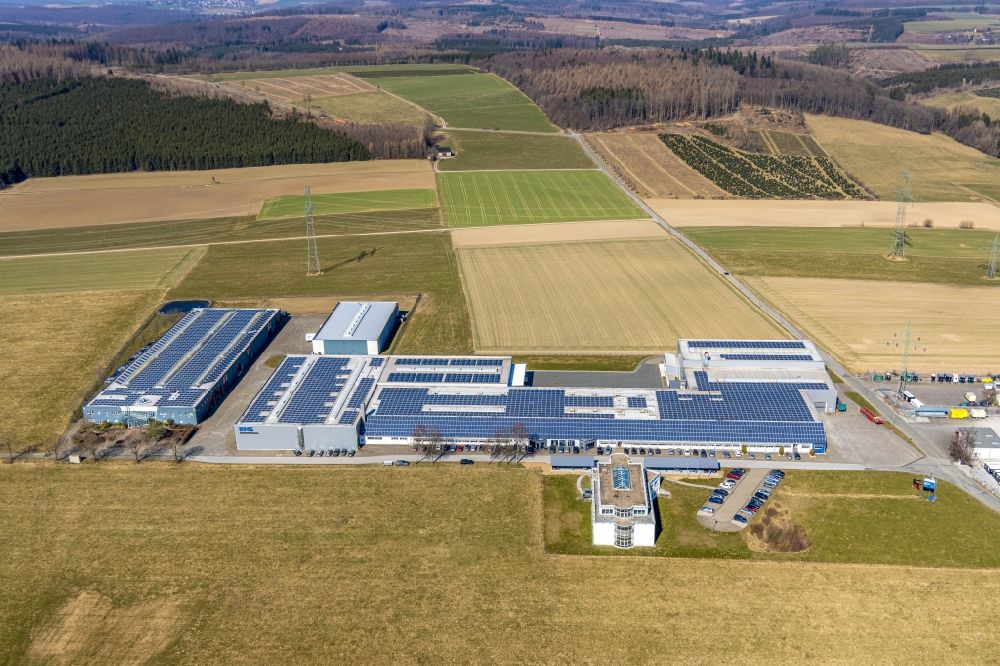 Brilon from above - Building and production halls on the premises of BMS Briloner Montage- and Schluesselfertigbau GmbH in Brilon in the state North Rhine-Westphalia, Germany