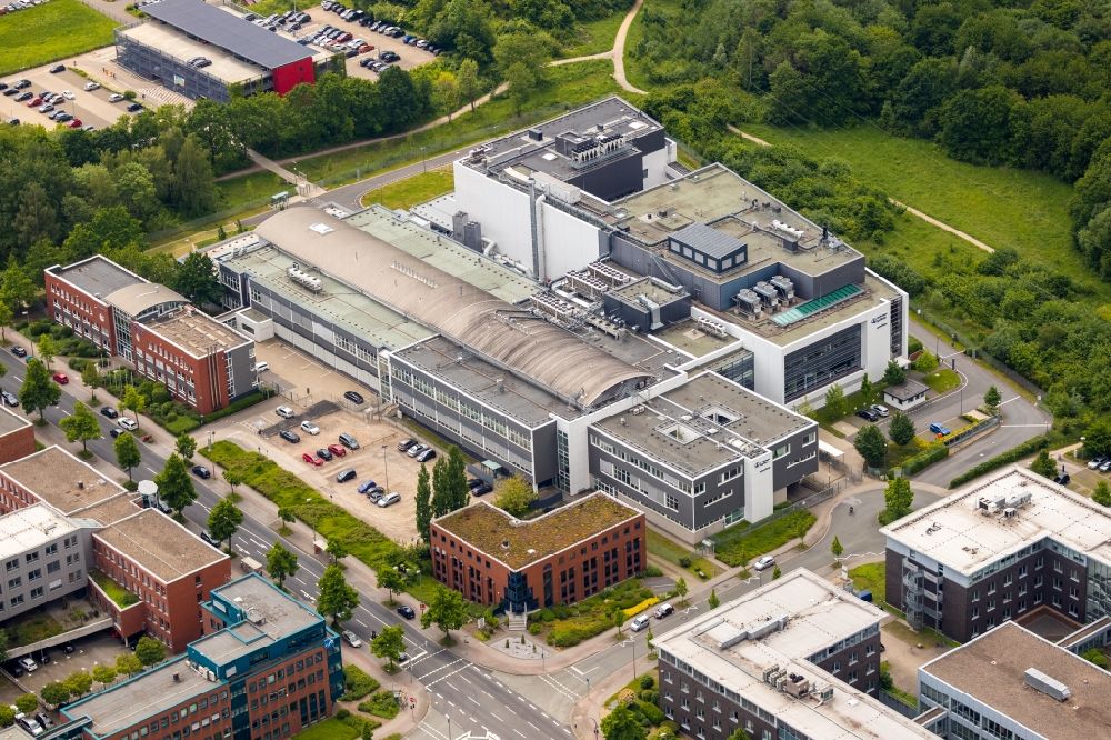 Dortmund from above - Building and production halls on the premises of Boehringer Ingelheim GmbH micro parts on Hauert in the district Barop in Dortmund in the state North Rhine-Westphalia, Germany