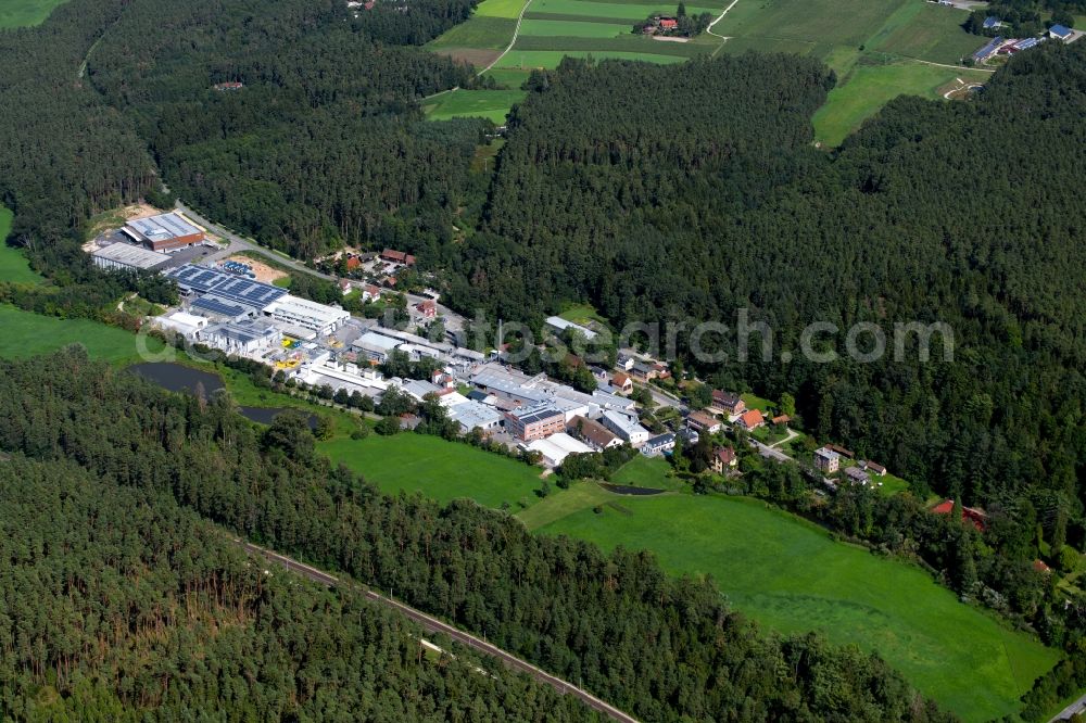 Roth from above - Building and production halls on the premises of the Carl Schlenk AG at the Barnsdorfer Hauptstrasse in the district Barnsdorf in Roth in the state Bavaria, Germany
