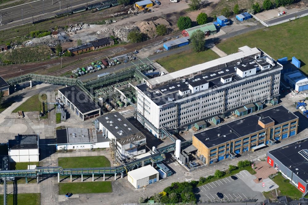 Radebeul from the bird's eye view: Building and production halls on the premises of the chemical manufacturers of Arevipharma GmbH on Meissner Strasse in Radebeul in the state Saxony, Germany
