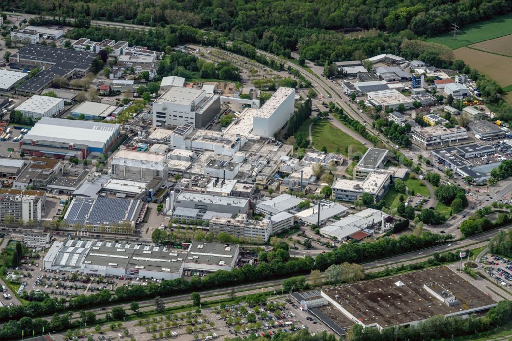 Freiburg im Breisgau from above - Building and production halls on the premises of the chemical manufacturers Pfizer Manufacturing in the district Bruehl in Freiburg im Breisgau in the state Baden-Wuerttemberg, Germany