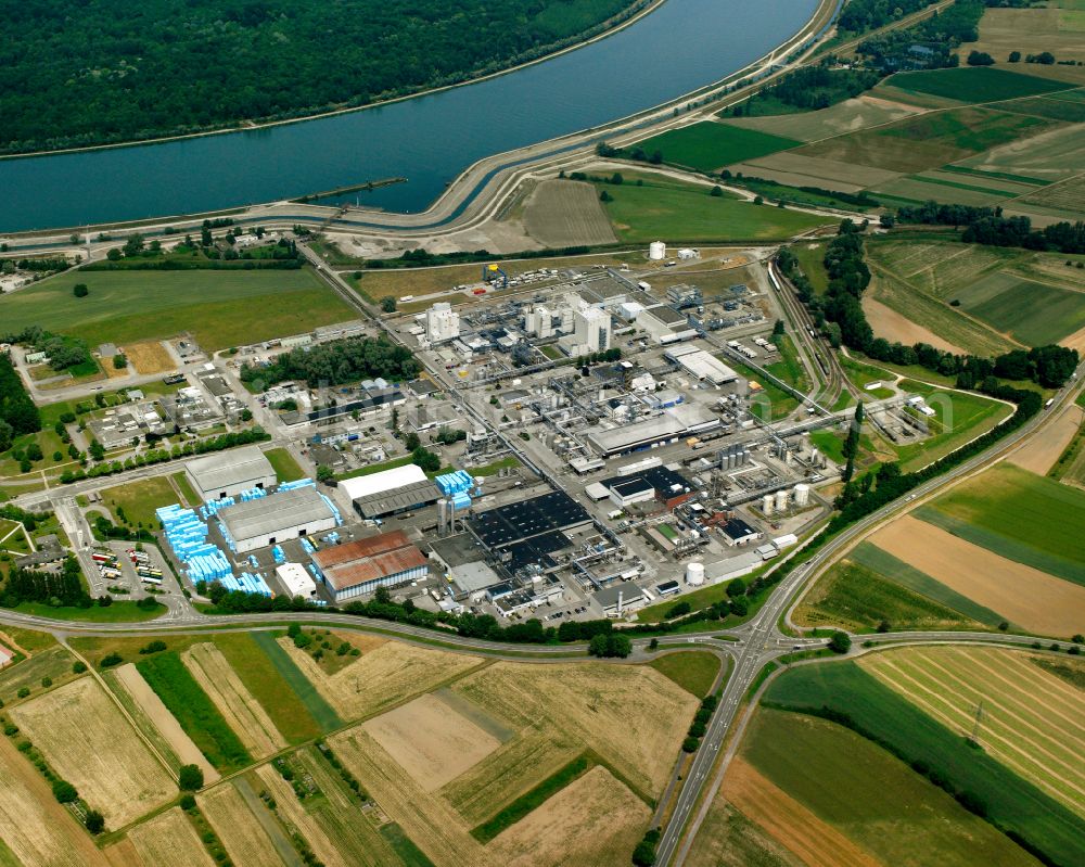 Aerial photograph Greffern - Building and production halls on the premises of the chemical manufacturers Trinseo Chemiepark Rheinmuenster in Greffern in the state Baden-Wuerttemberg, Germany