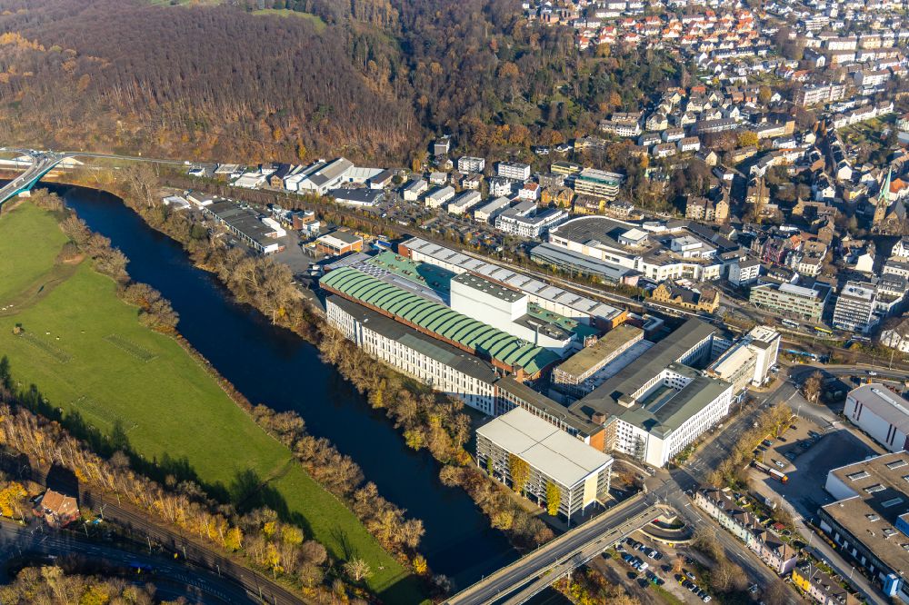 Aerial image Wetter (Ruhr) - Building and production halls on the premises of Demag Cranes & Components GmbH on Ruhrstrasse in the district Volmarstein in Wetter (Ruhr) in the state North Rhine-Westphalia, Germany