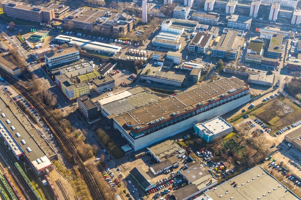 Aerial image Essen - Buildings and production halls on the factory premises of the offset printing Druckzentrum Essen GmbH on Schederhofstrasse in the district Holsterhausen in Essen in the state North Rhine-Westphalia, Germany