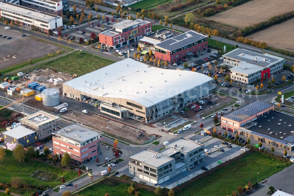 Landau in der Pfalz from above - Building and production halls on the premises of Eberspaecher Controls Landau GmbH & Co. KG in the district Queichheim in Landau in der Pfalz in the state Rhineland-Palatinate, Germany