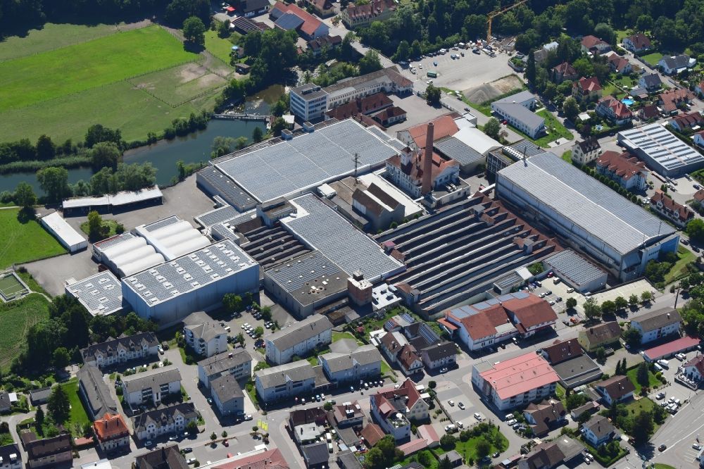 Lauchringen from above - Building and production halls on the area and premises of the former Textile Company Lauffenmuehle in Lauchringen in the state Baden-Wuerttemberg, Germany