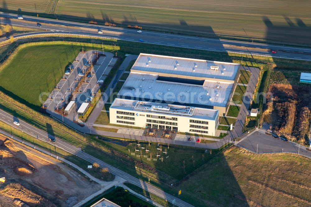 Rülzheim from above - Factory premises of Eizo GmbH on Gewerbegebiet Nord in Ruelzheim in the state Rhineland-Palatinate, Germany