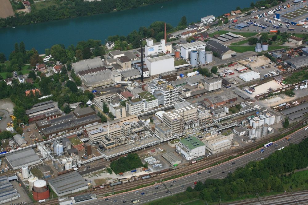 Aerial image Pratteln - Building and production halls on the premises of the chemical manufacturers CABB and Swiss Saltwerks Schweizerhalle in Pratteln in the canton Basel-Landschaft, Switzerland