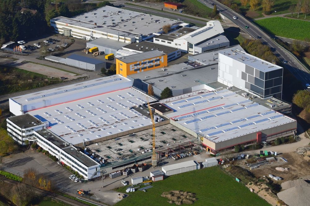 Aerial image Maulburg - Buildings, high rack storage area and production halls on the premises of Busch Vacuum Solutions Germany in Maulburg in the state Baden-Wuerttemberg, Germany