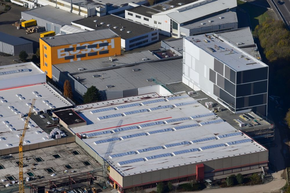 Aerial photograph Maulburg - Buildings, high rack storage area and production halls on the premises of Busch Vacuum Solutions Germany in Maulburg in the state Baden-Wuerttemberg, Germany