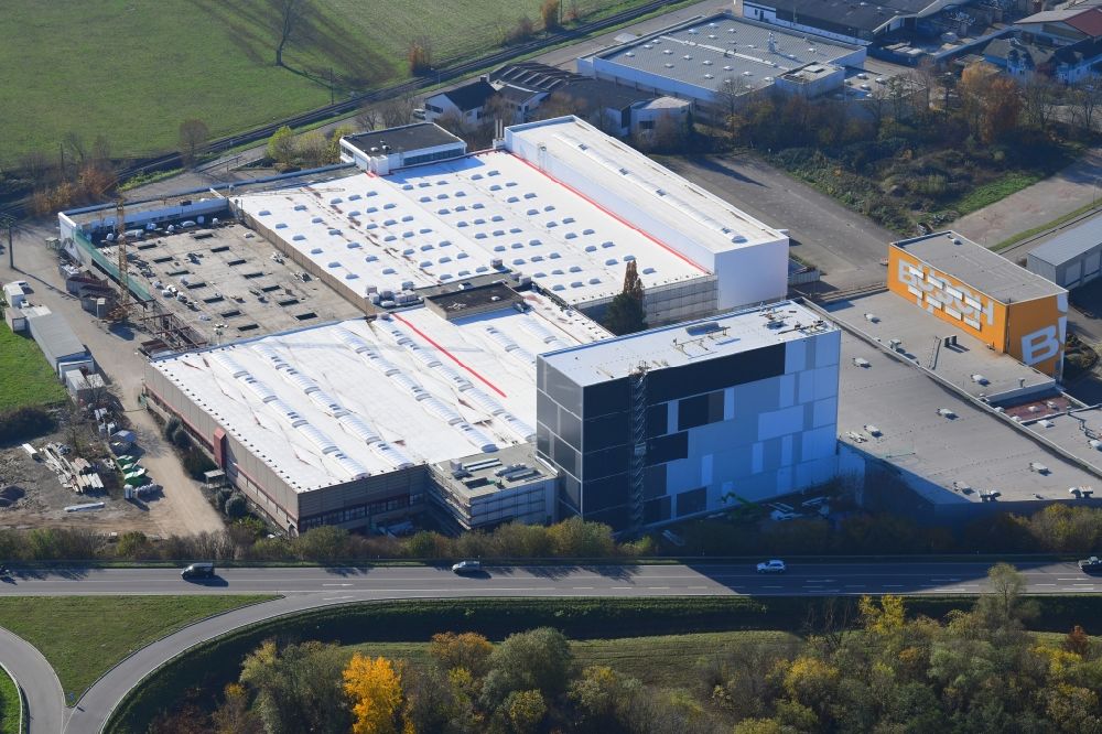 Maulburg from above - Buildings, high rack storage area and production halls on the premises of Busch Vacuum Solutions Germany in Maulburg in the state Baden-Wuerttemberg, Germany