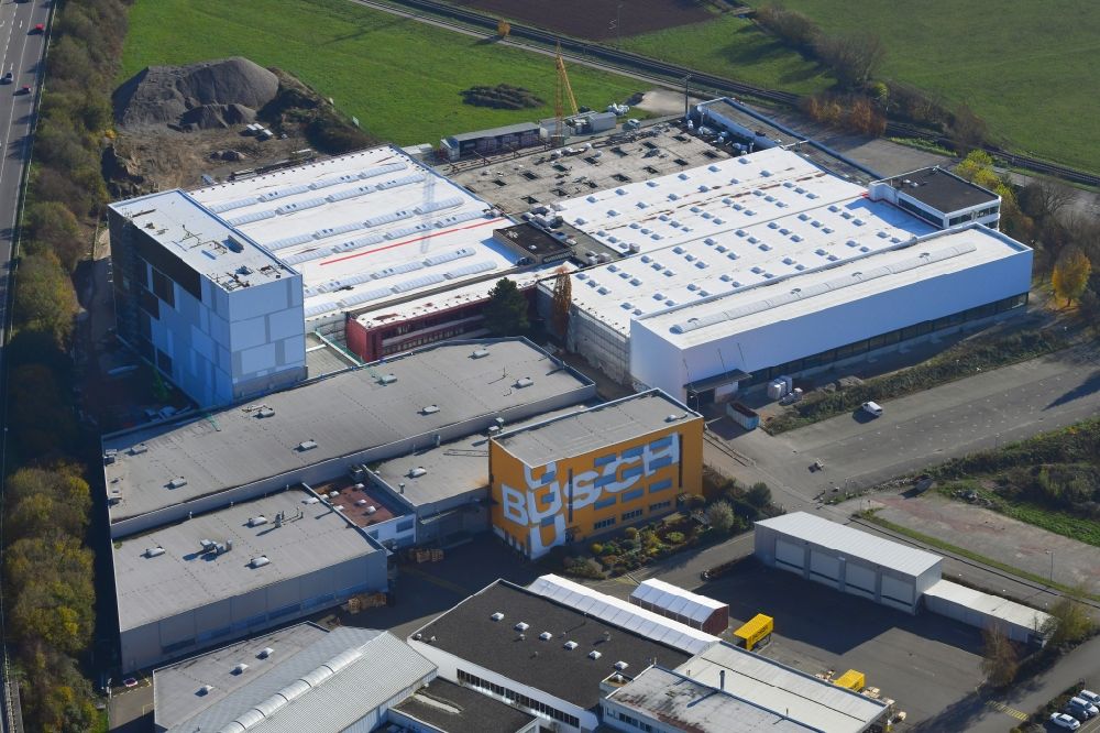 Maulburg from the bird's eye view: Buildings, high rack storage area and production halls on the premises of Busch Vacuum Solutions Germany in Maulburg in the state Baden-Wuerttemberg, Germany