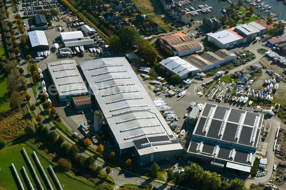 Aerial photograph Hansestadt Greifswald - Building and production halls on the company premises of the company HanseYachts AG, one of the largest manufacturers of ocean-going sailing and motor yachts, in the Hanseatic city of Greifswald in the state of Mecklenburg-West Pomerania, Germany