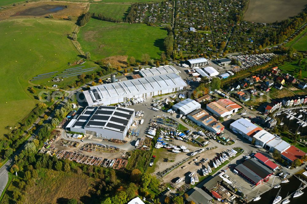 Hansestadt Greifswald from above - Building and production halls on the company premises of the company HanseYachts AG, one of the largest manufacturers of ocean-going sailing and motor yachts, in the Hanseatic city of Greifswald in the state of Mecklenburg-West Pomerania, Germany