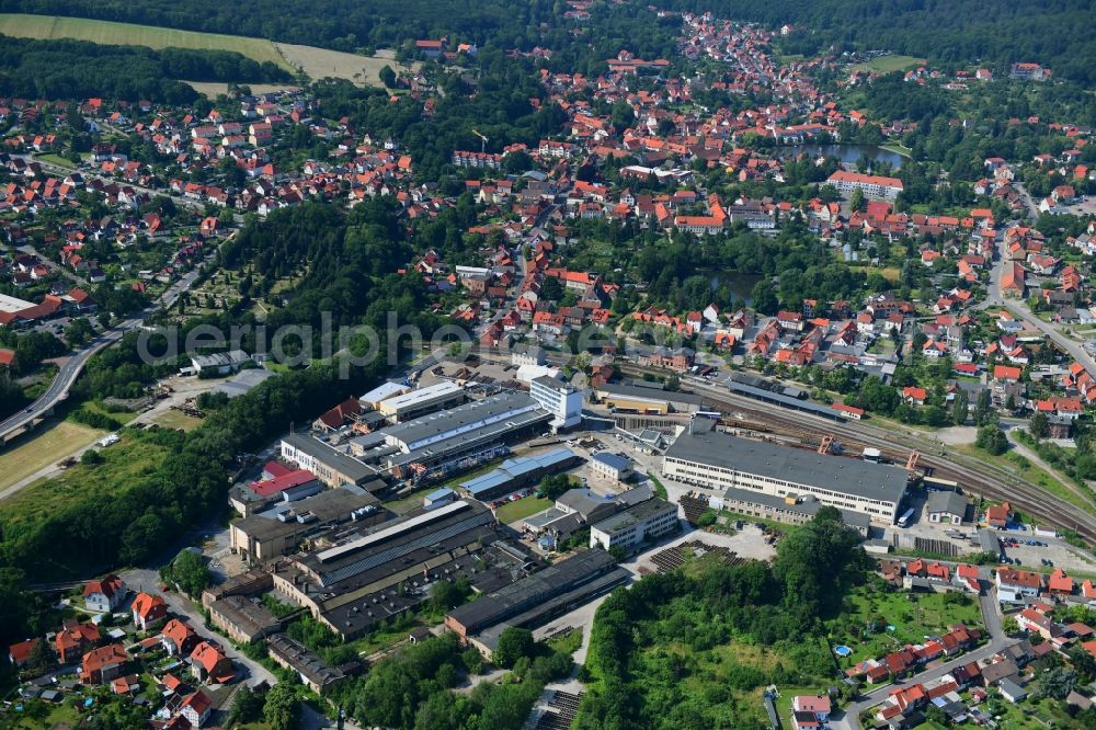 Ilsenburg (Harz) from above - Building and production halls on the premises of Fuerst Stolberg Huette GmbH i.G. on Alte Schmiedestrasse in Ilsenburg (Harz) in the state Saxony-Anhalt, Germany