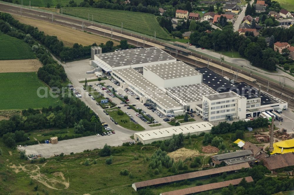 Aerial image Sankt Pölten - Building and production halls on the premises of Herstellers fuer Sanitaertechnik Geberit Oesterreich on Gebertstrasse in Sankt Poelten in Lower Austria, Austria