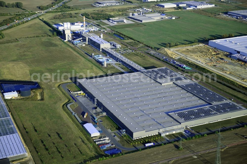 Sülzetal from above - Building and production halls on the premises of f glass GmbH on Appendorfer Weg in Suelzetal in the state Saxony-Anhalt