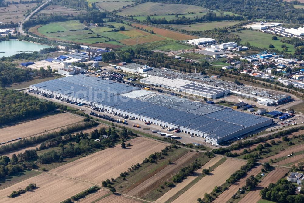 Philippsburg from the bird's eye view: Building and production halls on the premises of Goodyear Dunlop Tires Germany on Goodyearstrasse in Philippsburg in the state Baden-Wuerttemberg, Germany