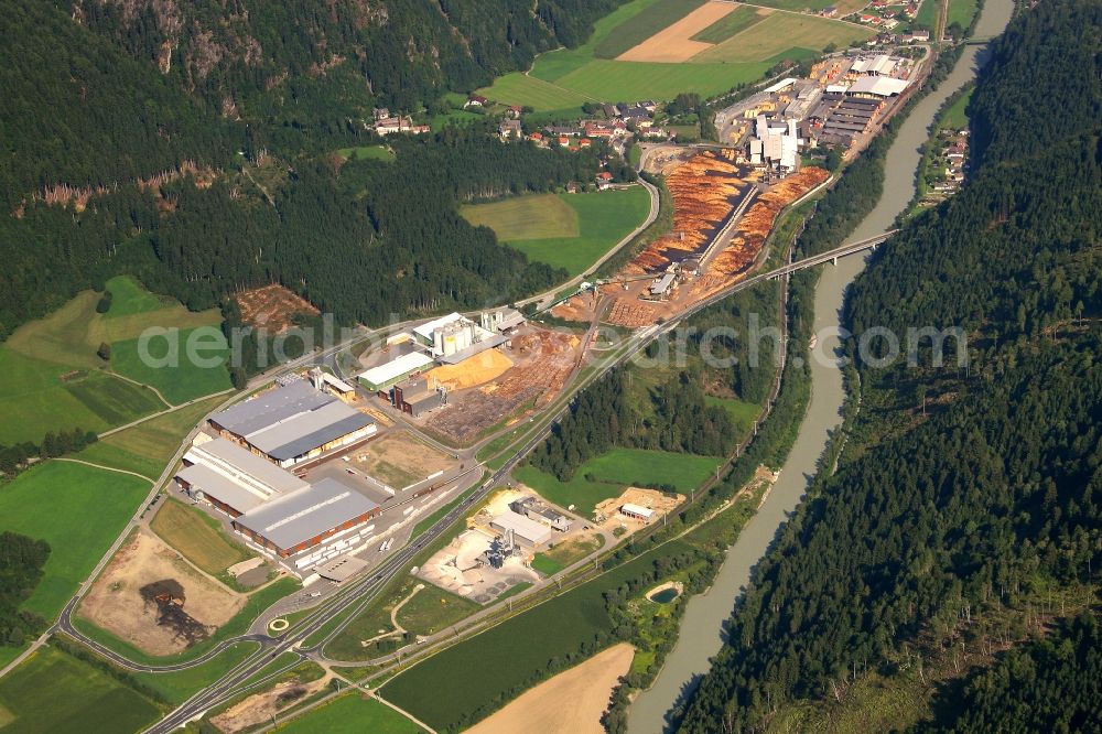 Sachsenburg from above - Buildings and production halls on the premises of the HASSLACHER NORICA TIMBER - HASSLACHER Group in Sachsenburg in Carinthia, Austria